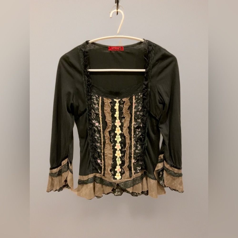 Anthropologie CERES U.S.A. 3/4 Floral Lace Flute Sleeve Feminine Blouse - Y2K